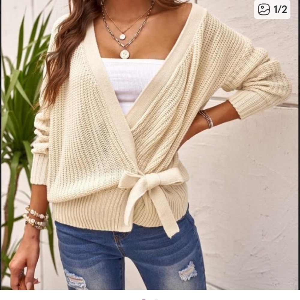Cream Knit Wrap Sweater with Tie Belt - Women